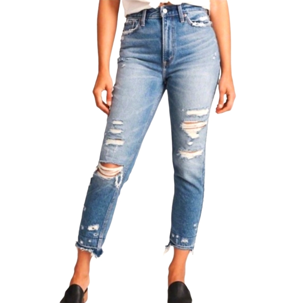 NWT ABERCROMBIE & FITCH Annie High Rise girlfriend distressed raw hems jeans